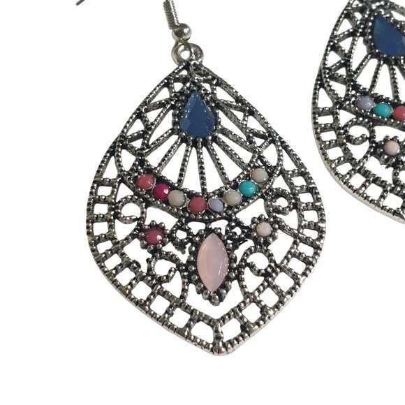 Bohemian Filigree Teardrop Earrings Multicolor Gemstones Beach Core Vacation - Picture 5 of 6